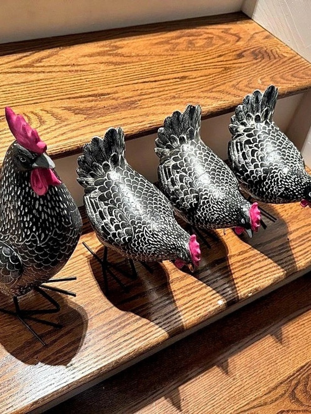 Three chickens & one rooster home decor. All black, white & pink